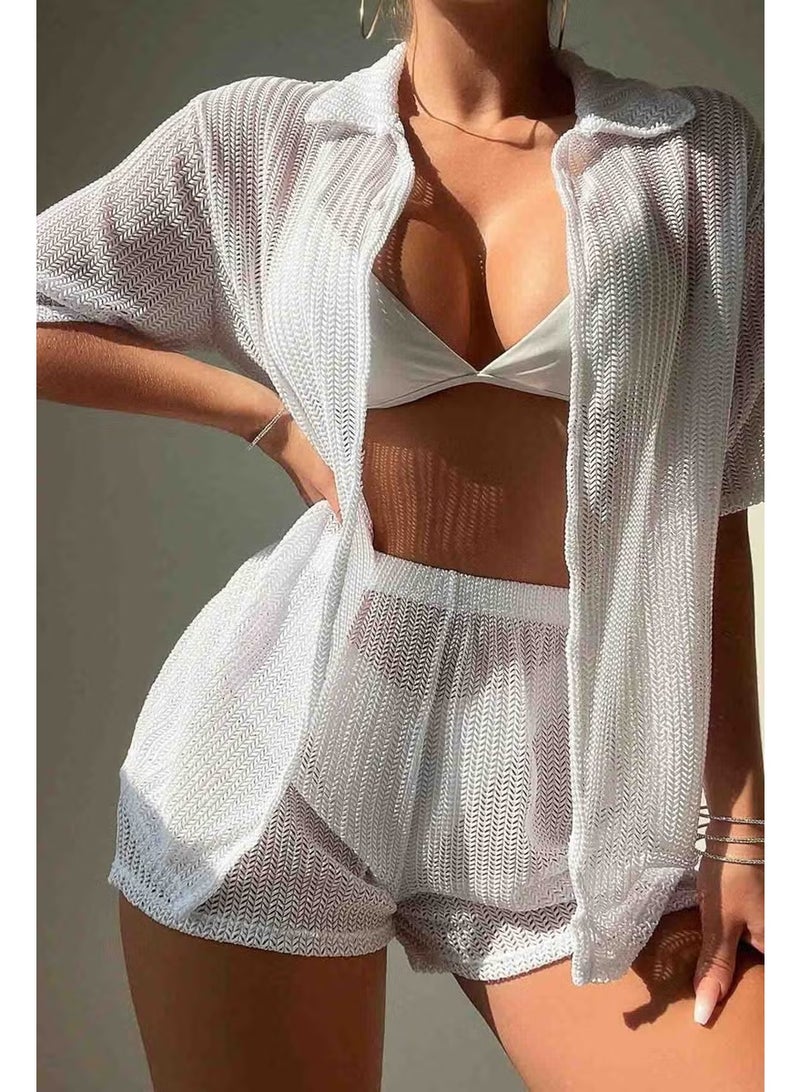 Angelsin Collar Detailed Shirt Look Bottom Top Shorts Set Beach Dress Pareo - Image 1